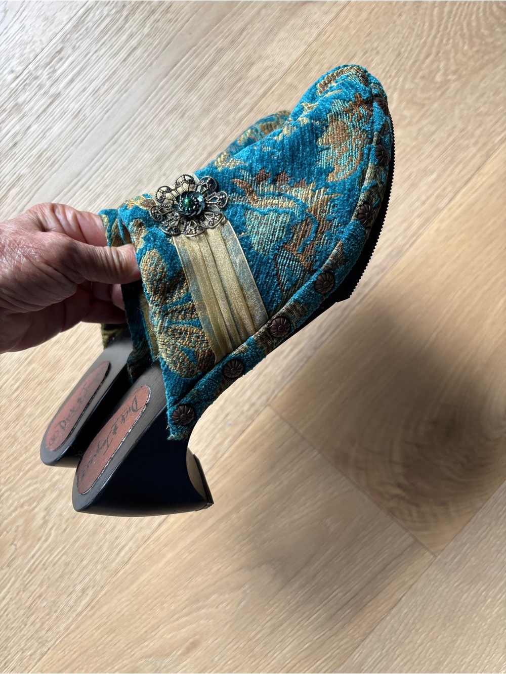 Dick & Jayne Pair Of Tapestry Turquoise & Gold Brocade Wooden Clogs, Floral 10 M